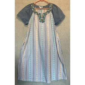 Go Softly Patio Blue House Dress Mumu Womens SMALL Embroidered White Floral Midi